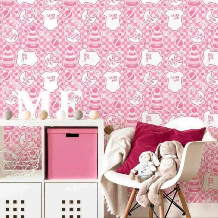 Papel Parede Xadrez Degradê Rosa E Cinza Vinil Quarto Baby