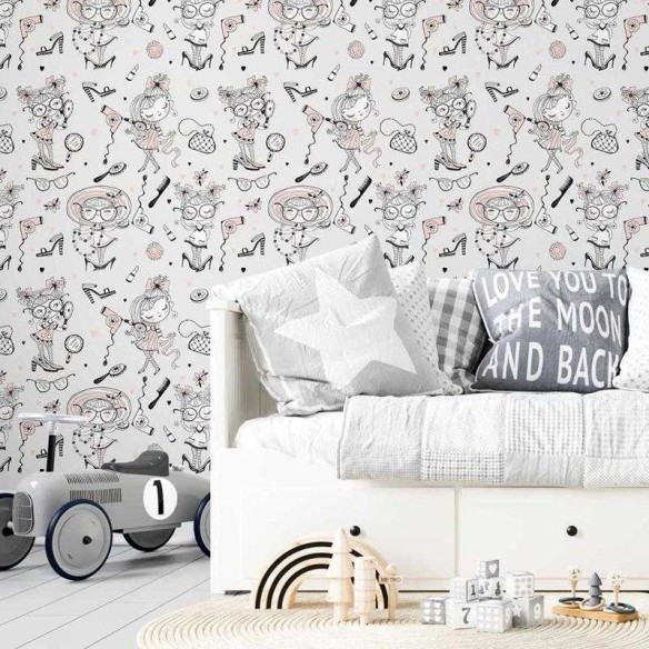 Papel de Parede Adesivo Beleza Meninas Rosa e Cinza N05235