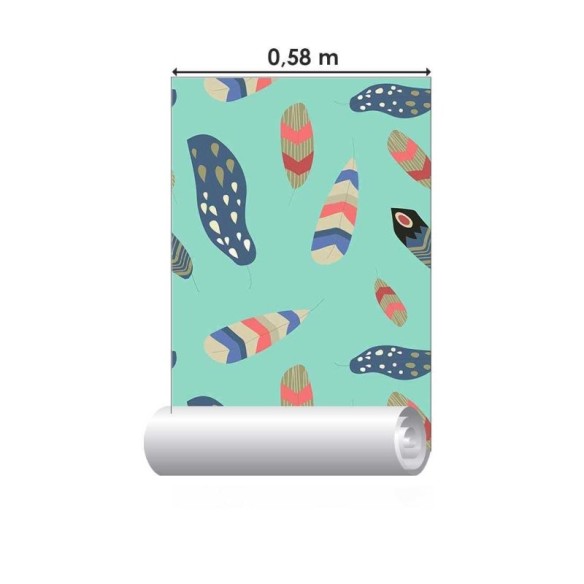 Papel de Parede Adesivo Boho Penas Coloridas Fundo Azul N07026