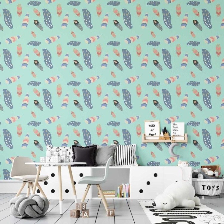 Papel de Parede Adesivo Boho Penas Coloridas...