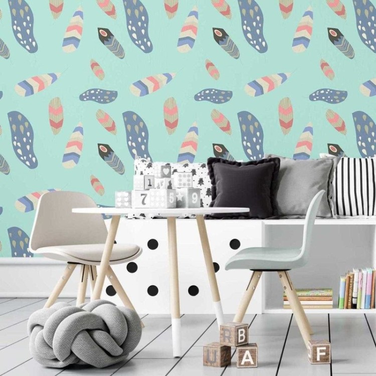 Papel de Parede Adesivo Boho Penas Coloridas...