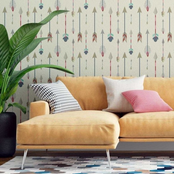 Papel de Parede Adesivo Boho Penas Coloridas Fundo Bege N07027