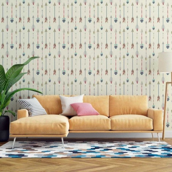 Papel de Parede Adesivo Boho Penas Coloridas Fundo Bege N07027