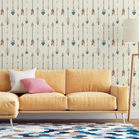Papel de Parede Adesivo Boho Penas Coloridas Fundo Bege N07027