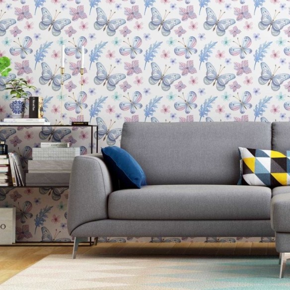Papel de Parede Adesivo Borboletas e Flores Aquarela N04185