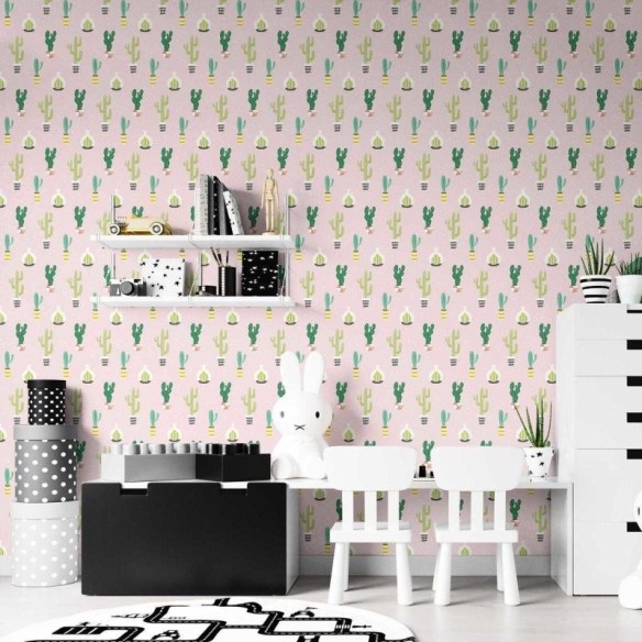Papel de Parede Adesivo Cactos Minimalistas Rosa N07099