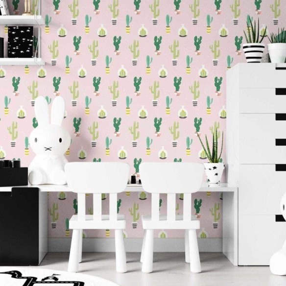 Papel de Parede Adesivo Cactos Minimalistas Rosa N07099