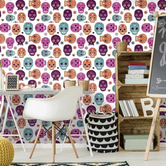 Papel de Parede Adesivo Caveira Mexicana Colorida 290699375