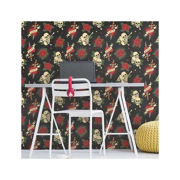 Papel de Parede Adesivo Caveiras e Rosas 121412785