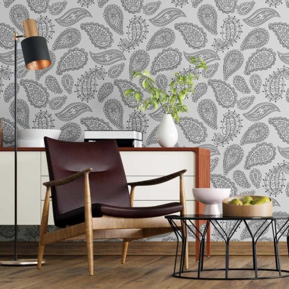 Papel de Parede Adesivo Caxemira Preto e Branco N04143