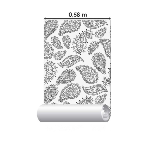Papel de Parede Adesivo Caxemira Preto e Branco N04143