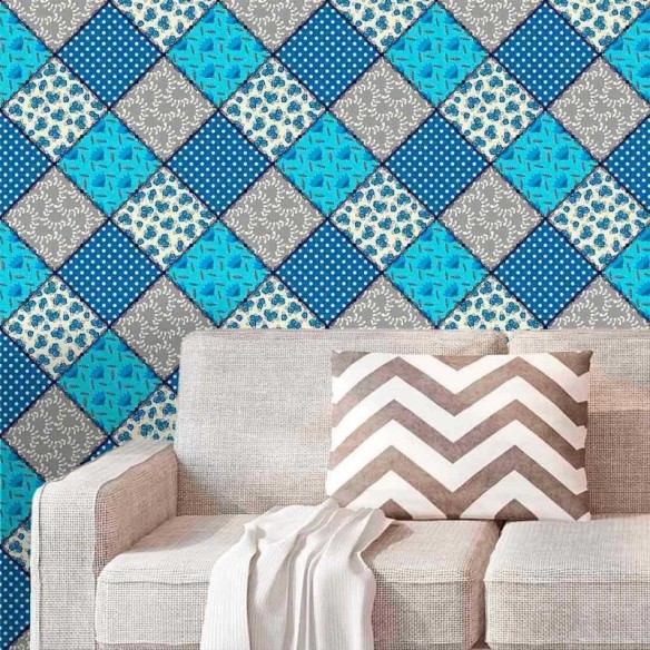 Papel de Parede Adesivo  Patchwork Azul e Cinza 949
