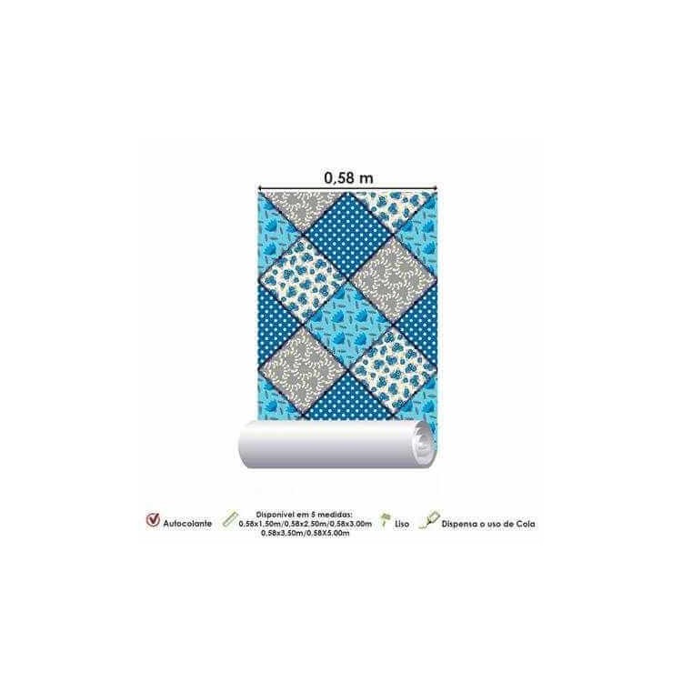Papel de Parede Adesivo  Patchwork Azul e Cinza...