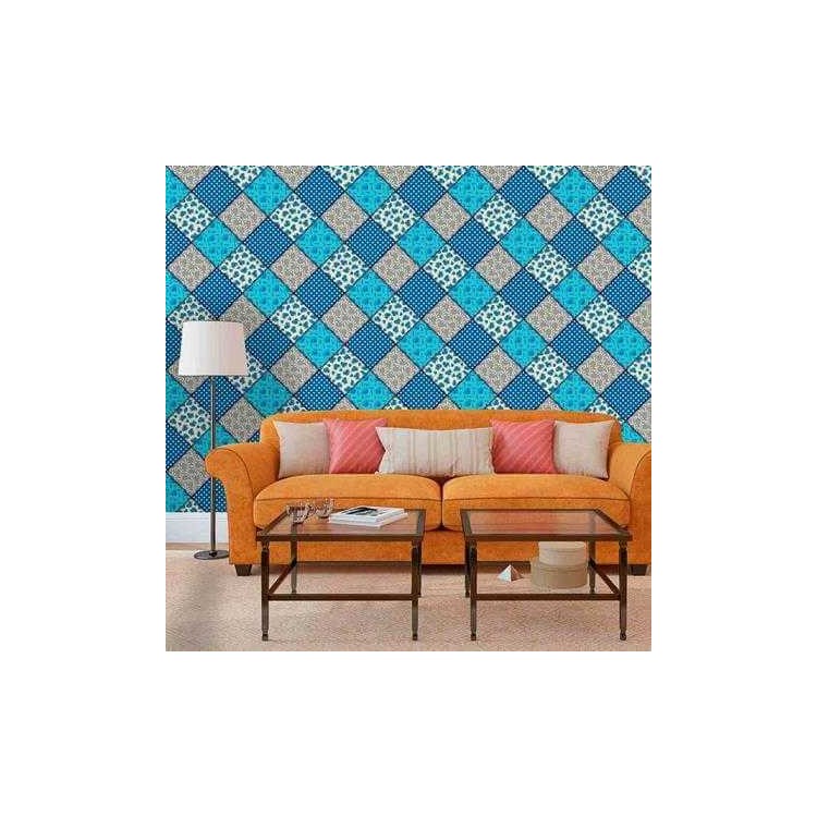 Papel de Parede Adesivo  Patchwork Azul e Cinza...