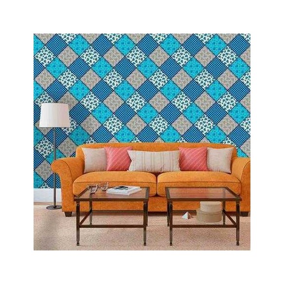 Papel de Parede Adesivo  Patchwork Azul e Cinza 949