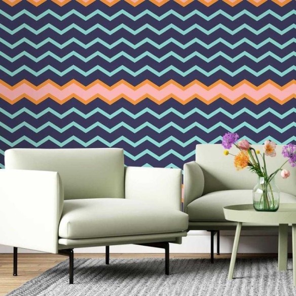 Papel de Parede Adesivo Chevron Azul Rosa e Laranja N06121