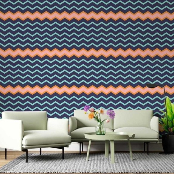 Papel de Parede Adesivo Chevron Azul Rosa e Laranja N06121