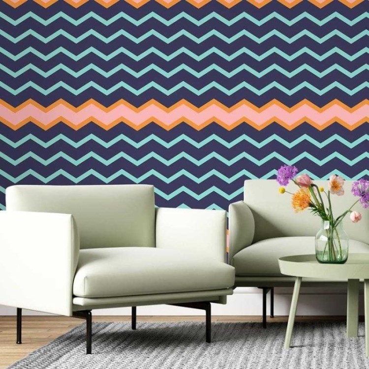 Papel de Parede Adesivo Chevron Azul Rosa e...