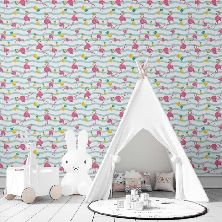 Papel de Parede Adesivo Chevron com Flamingo...