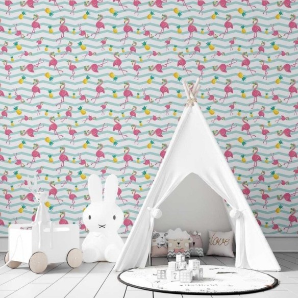 Papel de Parede Adesivo Chevron com Flamingo Abacaxi N03006