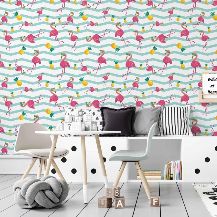Papel de Parede Adesivo Chevron com Flamingo...