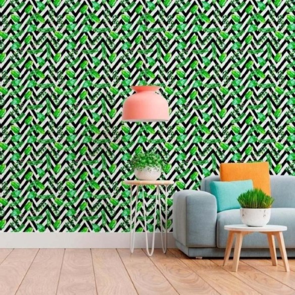 Papel de Parede Adesivo Chevron com Folhas N011137