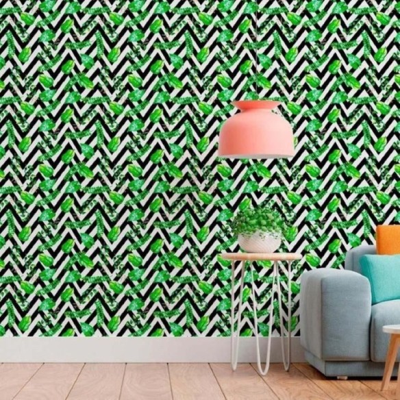 Papel de Parede Adesivo Chevron com Folhas N011137