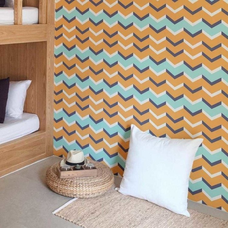 Papel de Parede Adesivo Chevron Laranja Azul e...