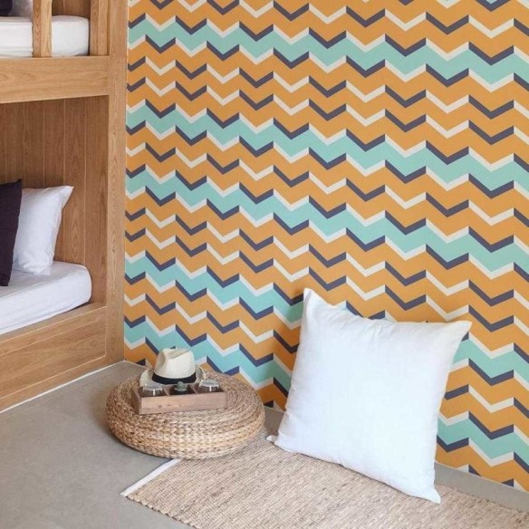 Papel de Parede Adesivo Chevron Laranja Azul e Branco N06124