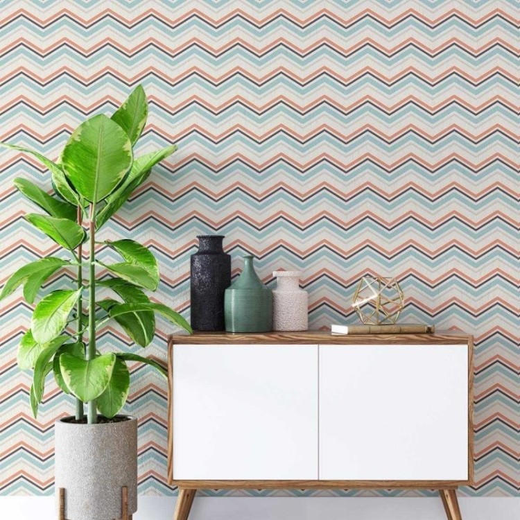 Papel de Parede Adesivo Chevron Laranja e Azul...