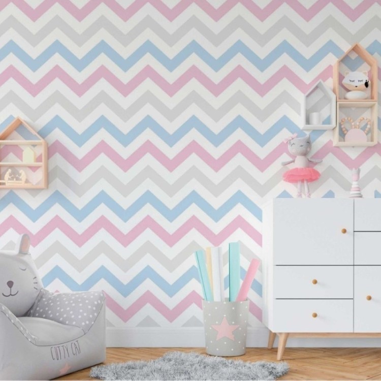 Papel de Parede Adesivo Chevron Rosa e Azul...