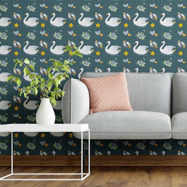 Papel de Parede Adesivo Cisne Penas Corações...