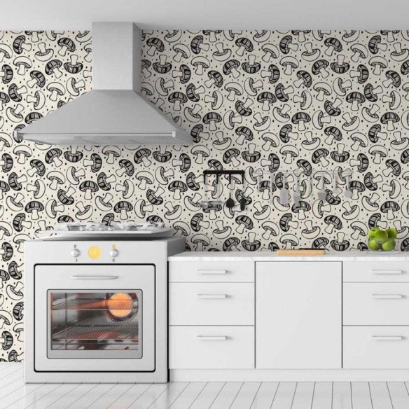 Papel de Parede Adesivo Cogumelos Preto e Off White N06091