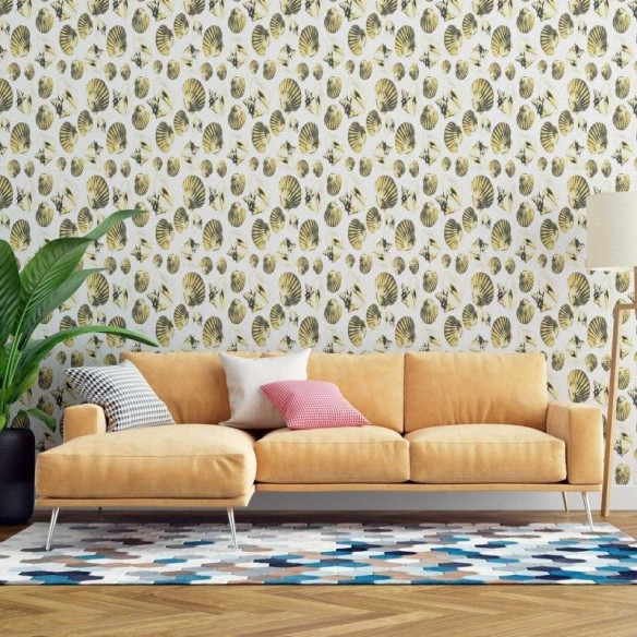 Papel de Parede Adesivo Conchas Amarelo e Branco N07047