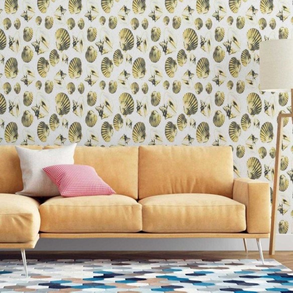 Papel de Parede Adesivo Conchas Amarelo e Branco N07047