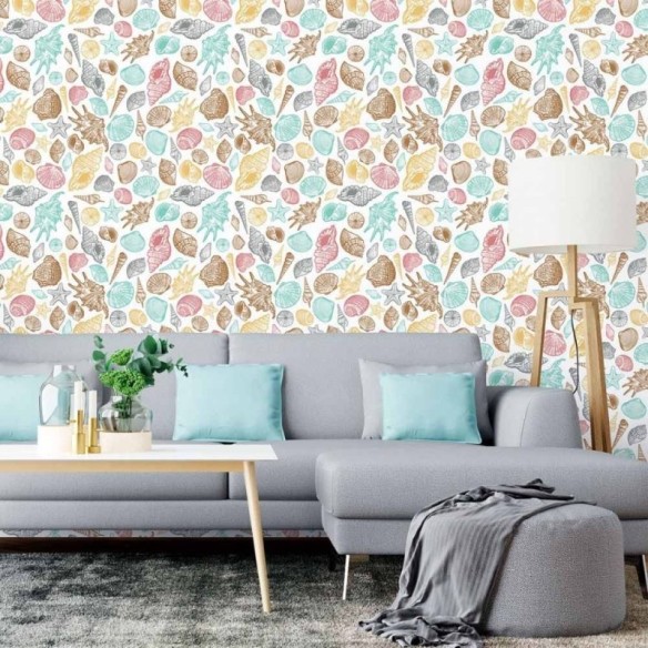Papel de Parede Adesivo Conchas e Esttrelas do Mar N015115