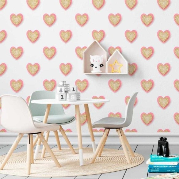 Papel de Parede Adesivo Coração 3D com Glitter N06196