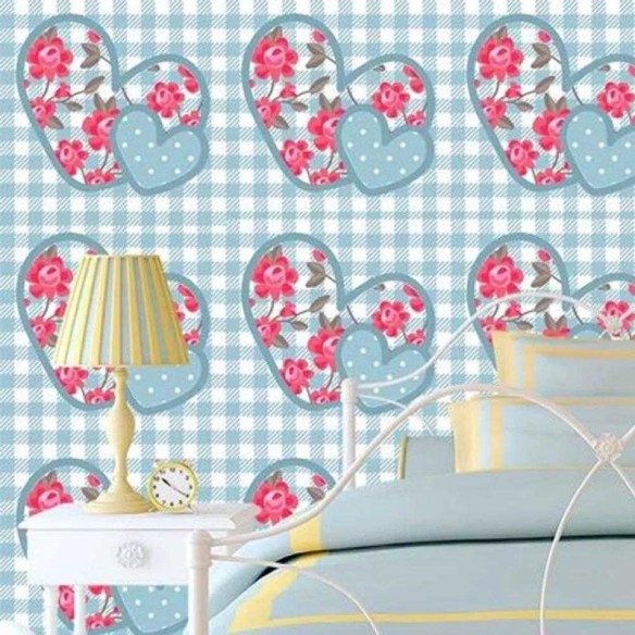 Papel de Parede Adesivo Coração Xadrez Floral Azul 849175631