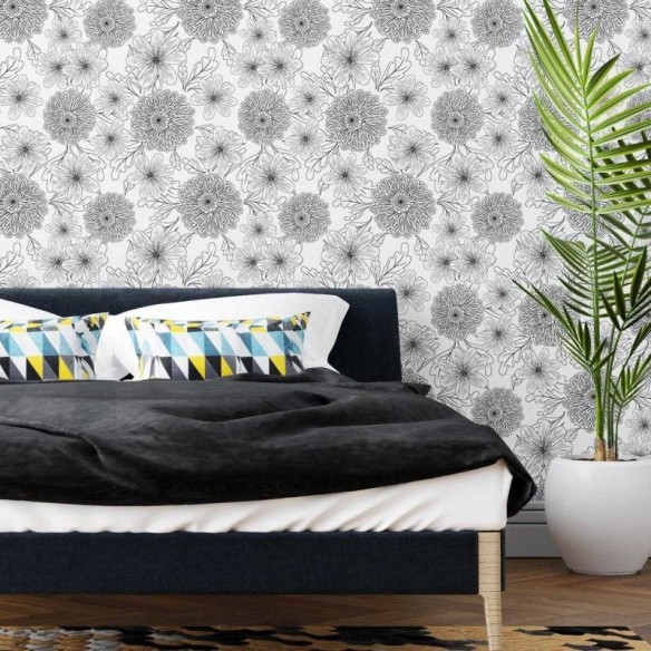 Papel de Parede Adesivo Crisântemos Preto e Branco N04164