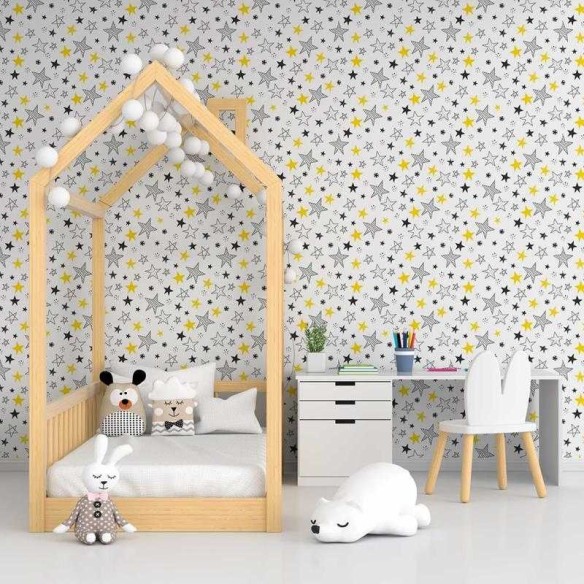Papel de Parede Adesivo Desenho Estrelas Preto e Amarelo N05026
