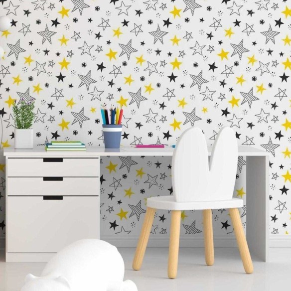 Papel de Parede Adesivo Desenho Estrelas Preto e Amarelo N05026