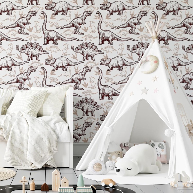 Papel de Parede Adesivo Dinossauros Marrom e...