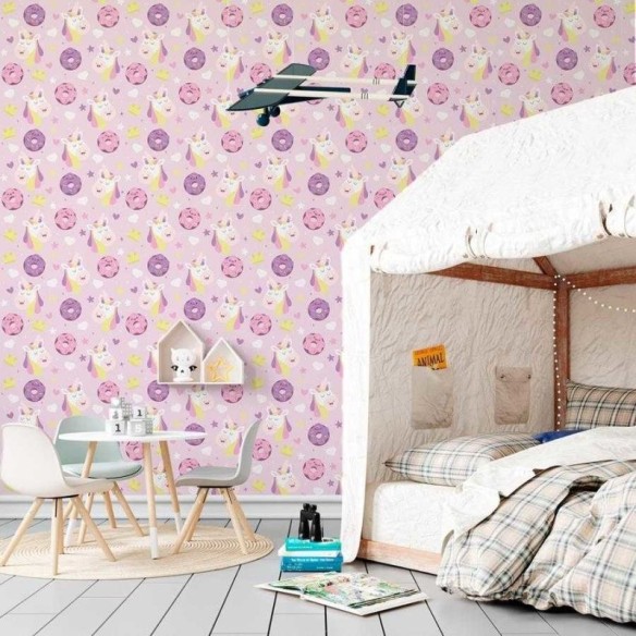 Papel de Parede Adesivo Donuts e Unicórnios Rosa N06173