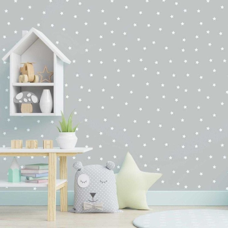 Papel de Parede Adesivo Estrela Branco e Cinza...