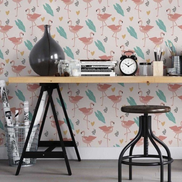 Papel de Parede Adesivo Flamingo Folhas Corações N05193