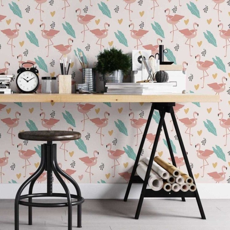 Papel de Parede Adesivo Flamingo Folhas...