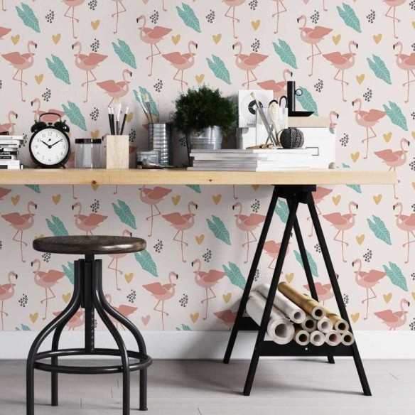 Papel de Parede Adesivo Flamingo Folhas Corações N05193