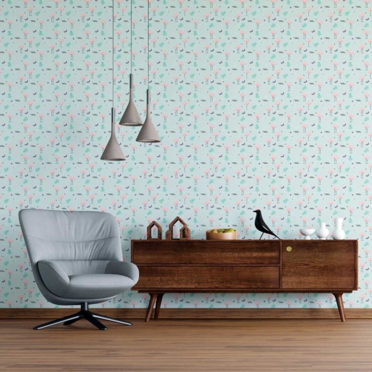 Papel de Parede Adesivo Flamingos e Borboletas...