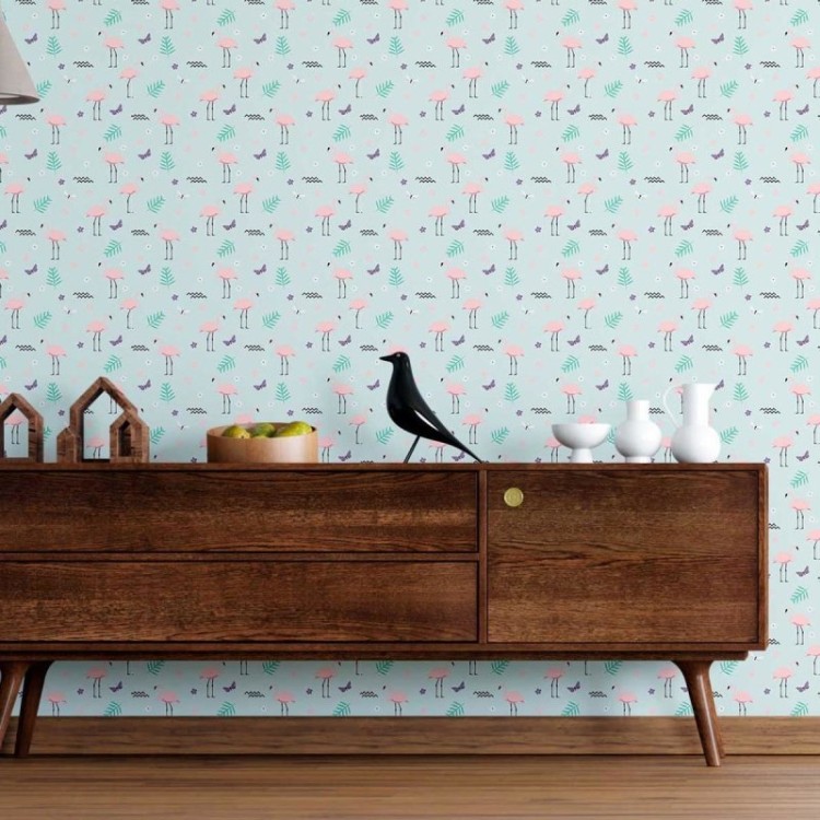 Papel de Parede Adesivo Flamingos e Borboletas...