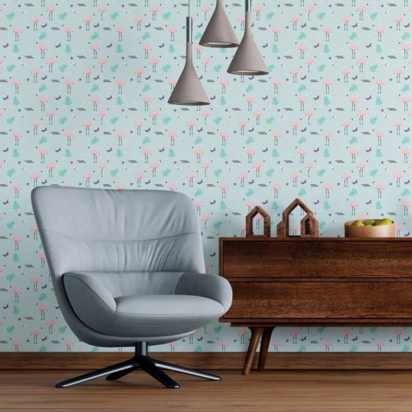 Papel de Parede Adesivo Flamingos e Borboletas N09061
